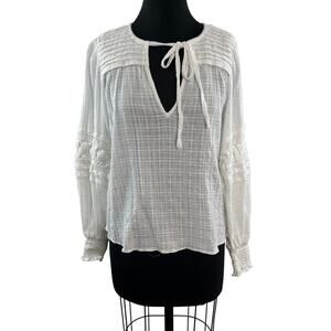 Ramy Brook White Peasant Top Cotton Crinkled Split Tie Neck Ruffle Cuff Pullover